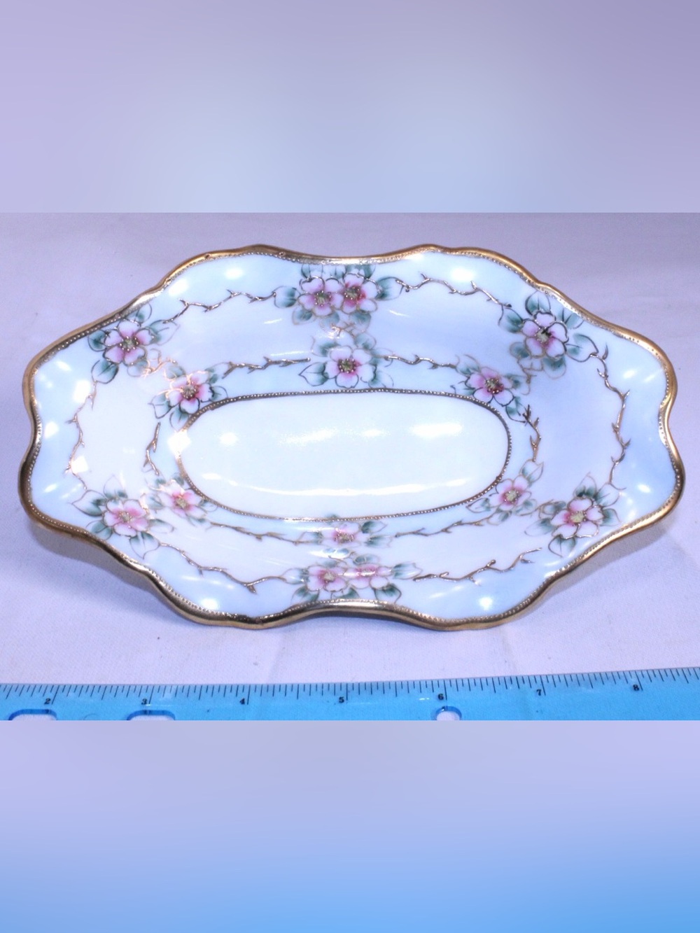 Antique Nippon Hand Painted Porcelain Oval Vanity Dish Pink Floral & Gold Trim